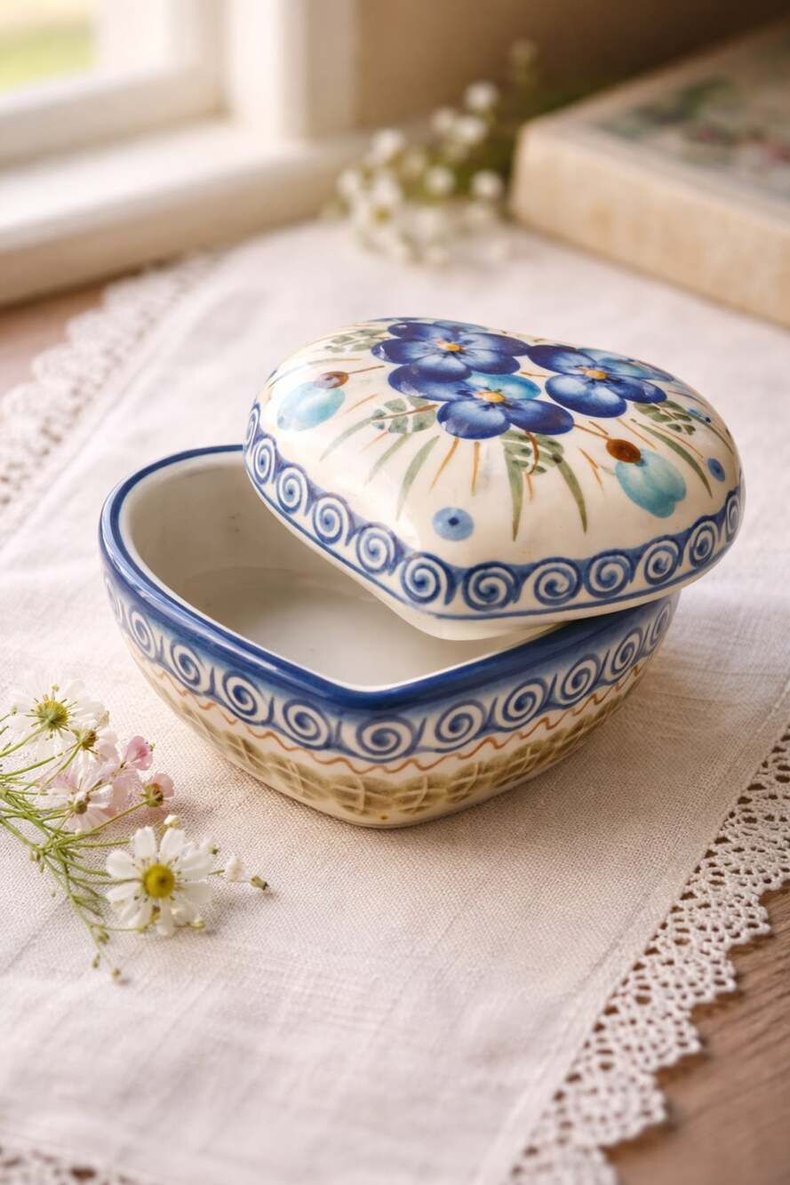 Polish Pottery Heart Shaped Box Jar Blue Pansy